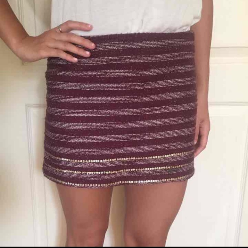 Maroon striped beaded mini skirt